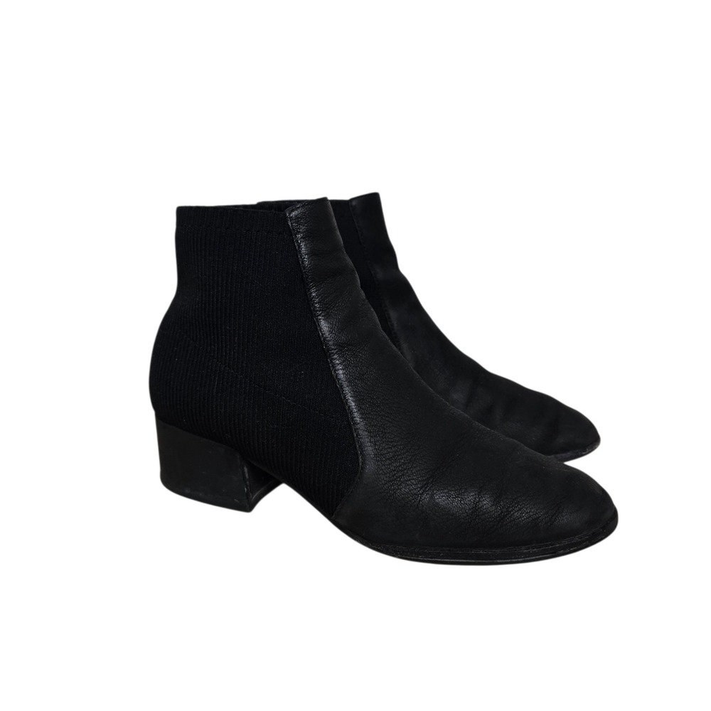 Eileen Fisher Black Leather Knit Sock Ankle Boots Block Heel Made in Italy 8.5